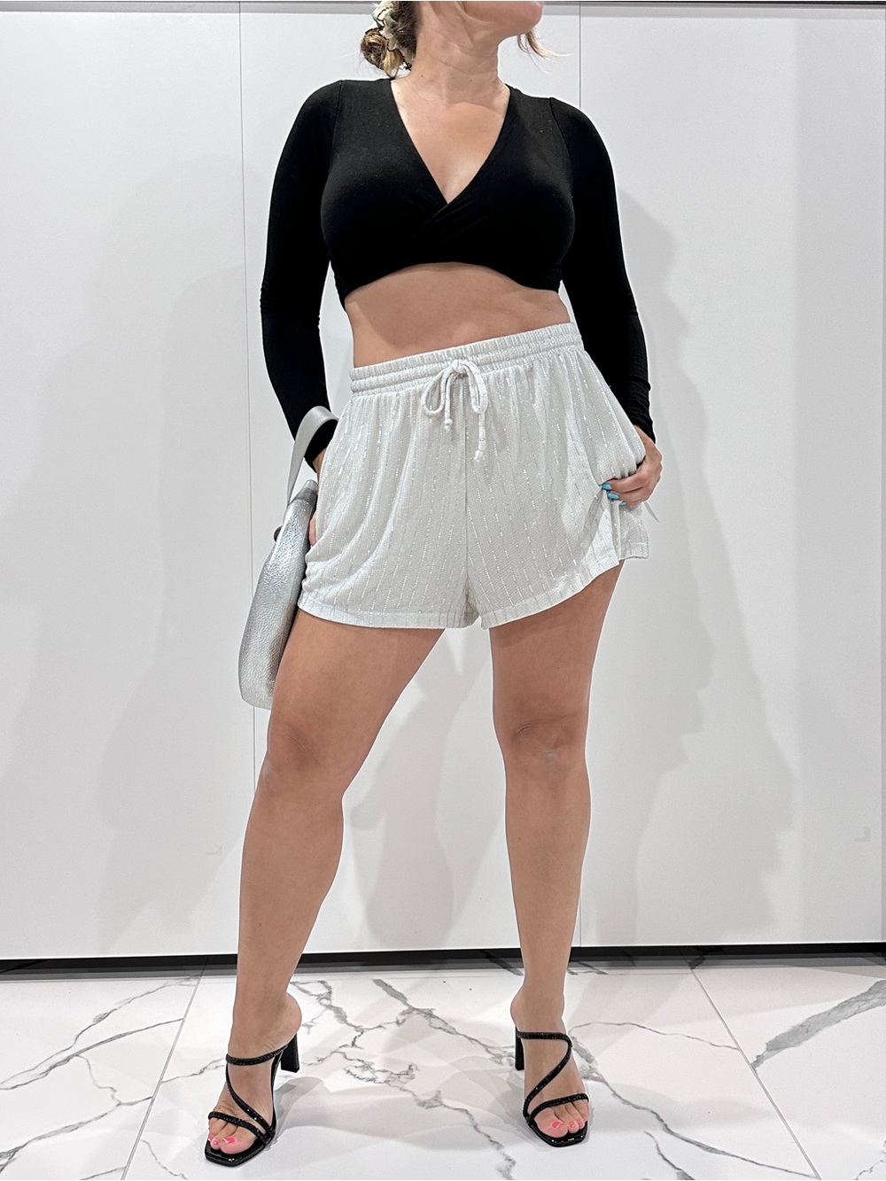 Noli Silver-White Drawstring Athletic Shorts